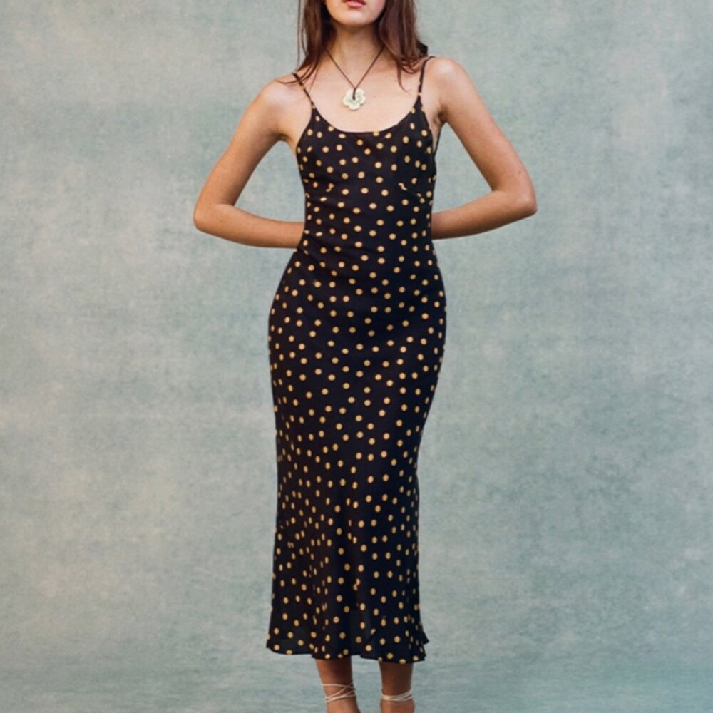 Realisation Par Iggy Silk Yellow Polka Dot Maxi Dress Size Medium
